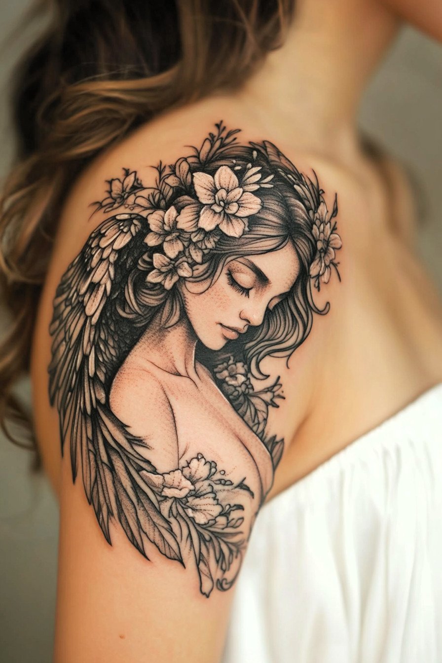 Arm - Angel Tattoo Design Idea For Women 17 (Shoulder - Flowers)