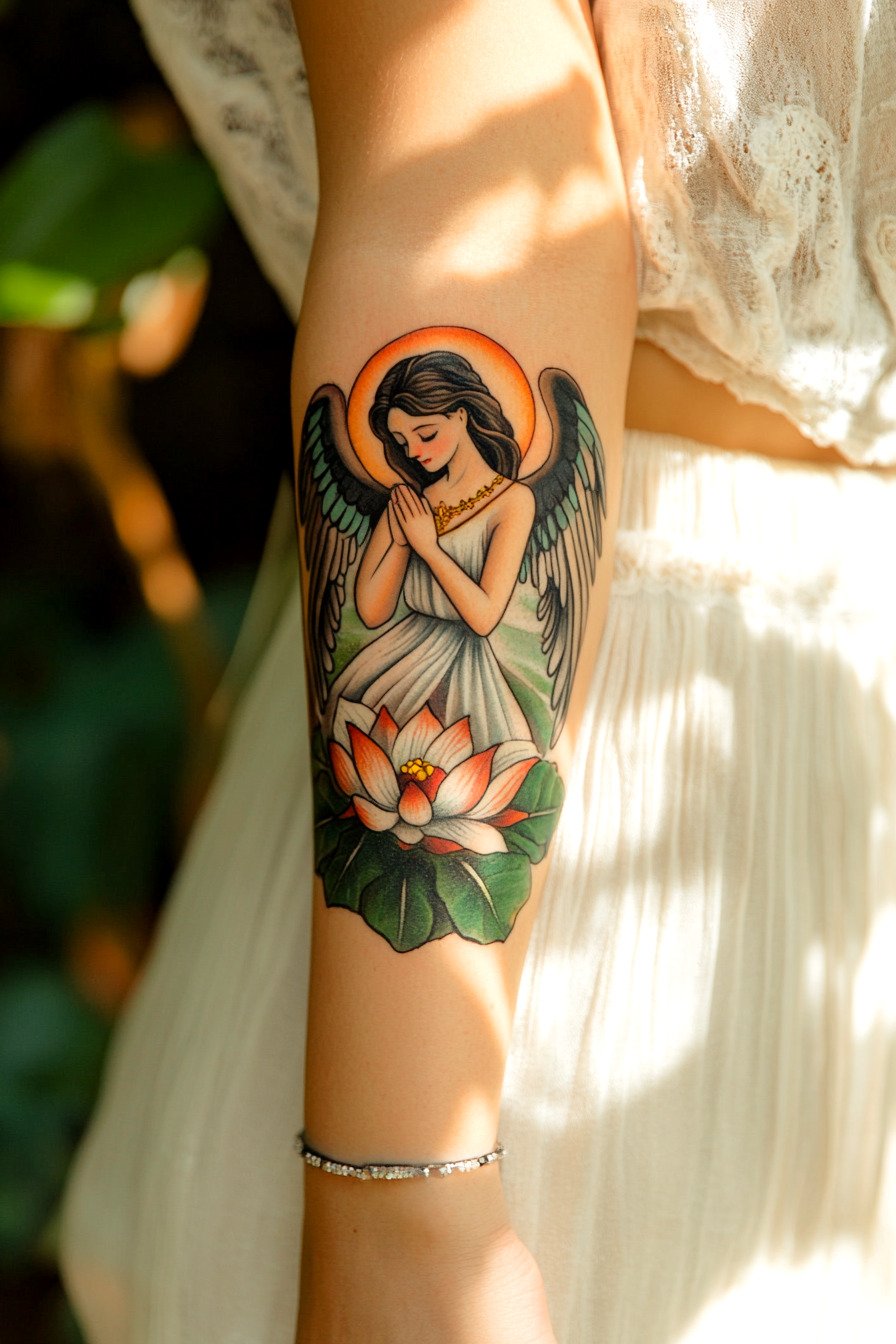 Arm - Angel Tattoo Design Idea For Women 19 (Forearm - Lotus)