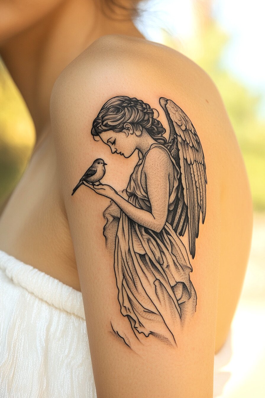 Arm - Angel Tattoo Design Idea For Women 20 (Shoulder - Bird)