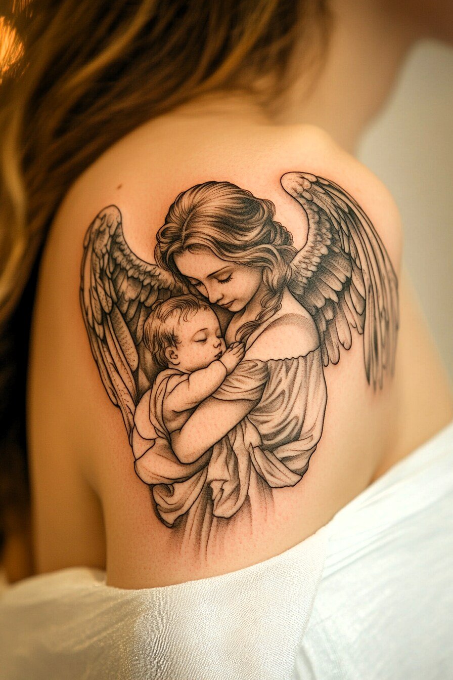 Arm - Angel Tattoo Design Idea For Women 21 (Shoulder - Angel & Baby)