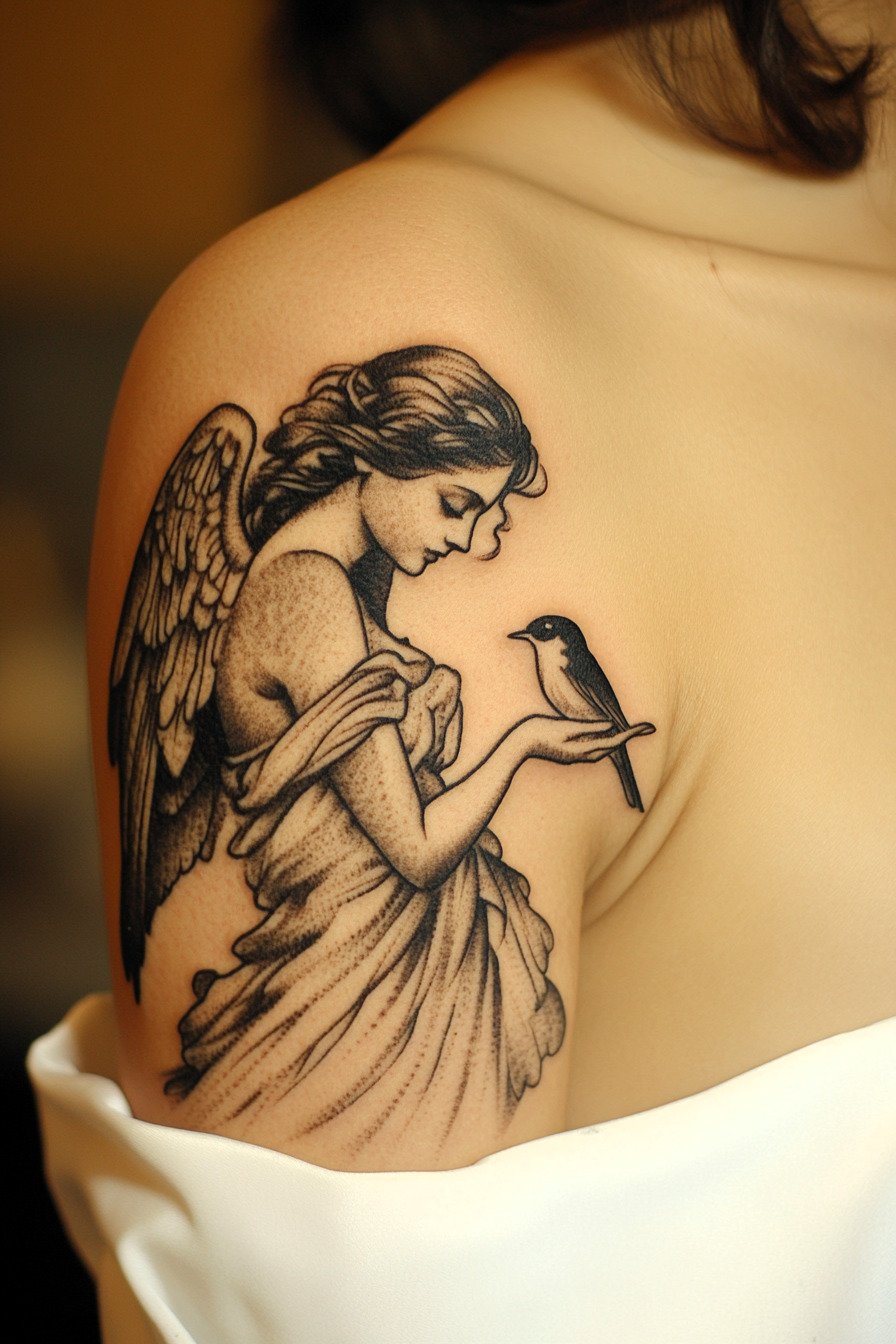 Arm - Angel Tattoo Design Idea For Women 3 (Shoulder - Bird)