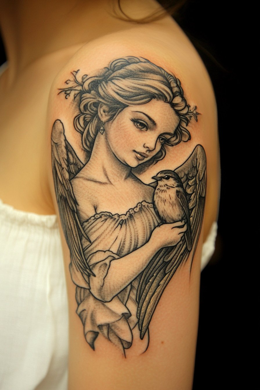 Arm - Angel Tattoo Design Idea For Women 4 (Shoulder - Bird)