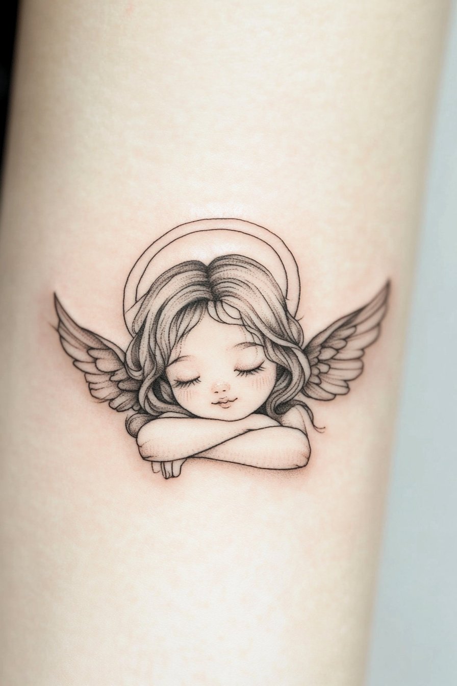 Arm - Angel Tattoo Design Idea For Women 8 (Forearm - Baby Angel With Halo)