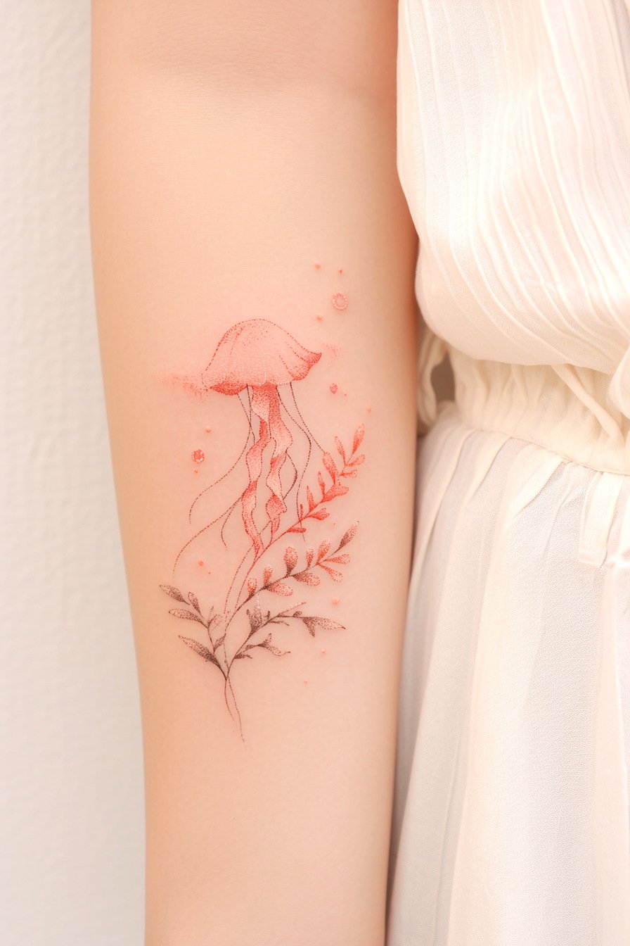 Arm - Jellyfish Tattoo Design Idea 14 (Forearm - Red & Floral)