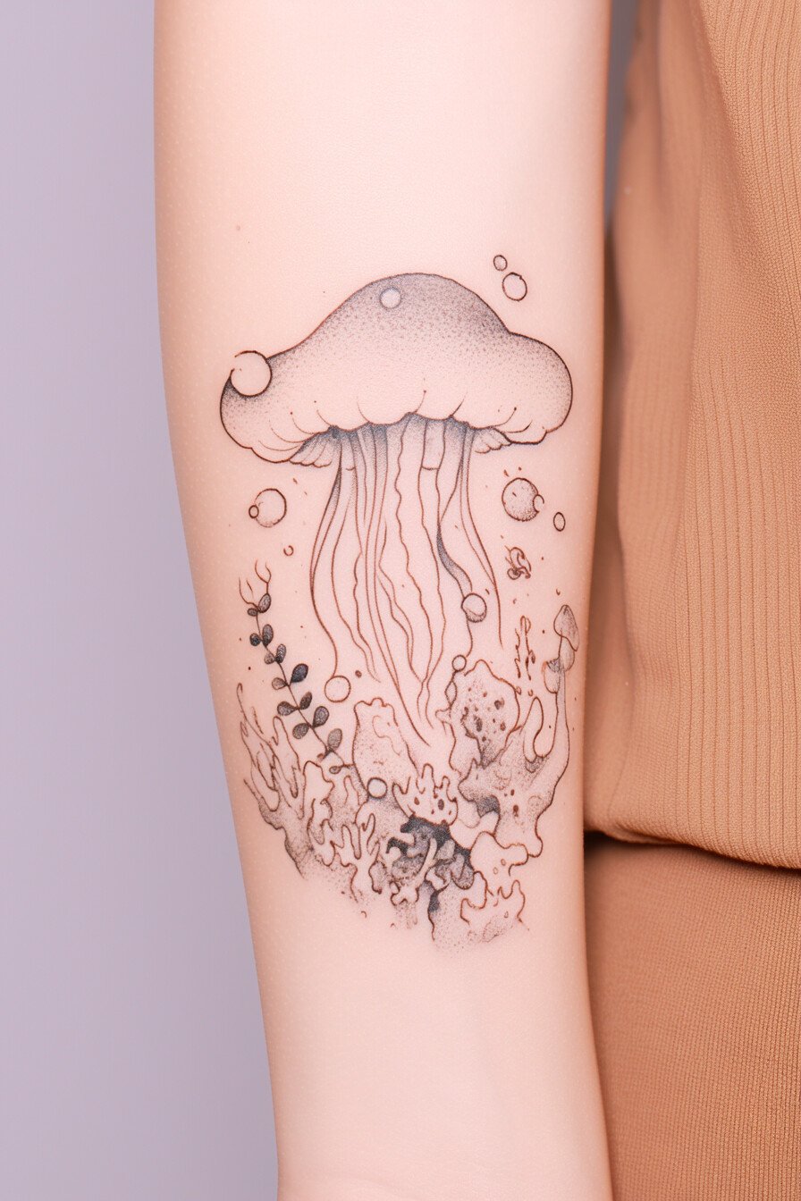 Arm - Jellyfish Tattoo Design Idea 15 (Forearm - Bubbles & Coral Reefs)