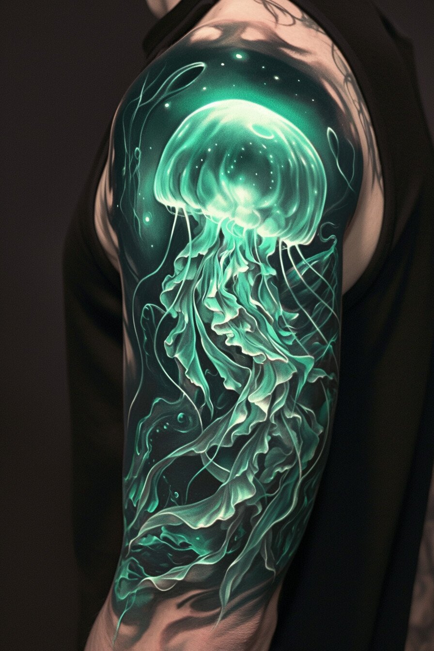 Arm - Jellyfish Tattoo Design Idea 25 (Half Sleeve - Space - Green)