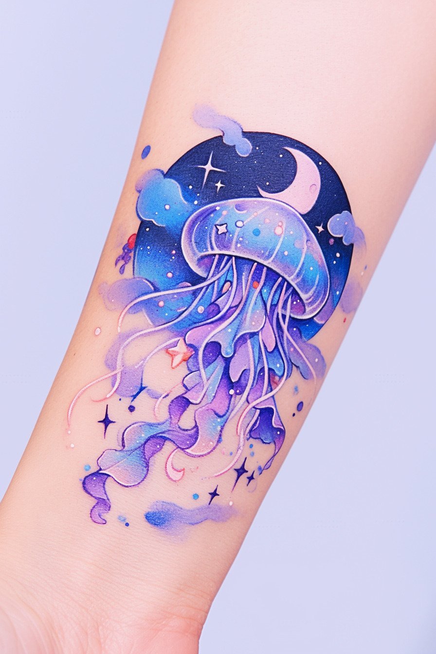 Arm - Jellyfish Tattoo Design Idea 27 (Wrist - Moon & Stars)