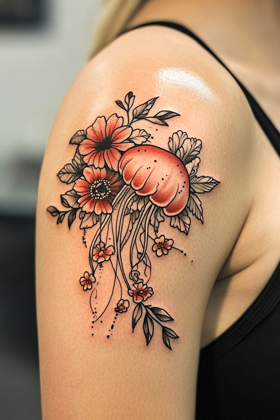 Arm - Jellyfish Tattoo Design Idea 28 (Shoulder - Flowers)