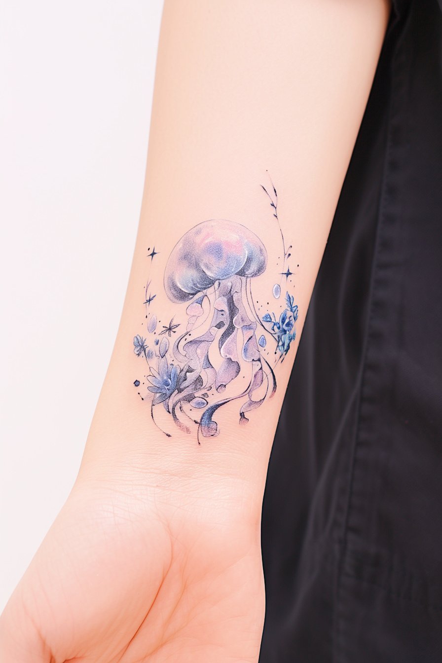 Arm - Jellyfish Tattoo Design Idea 30 (Wrist - Flowers - Blue)