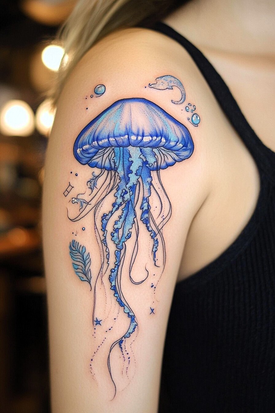 Arm - Jellyfish Tattoo Design Idea 33 (Shoulder - Blue - Bubbles, Leaf)