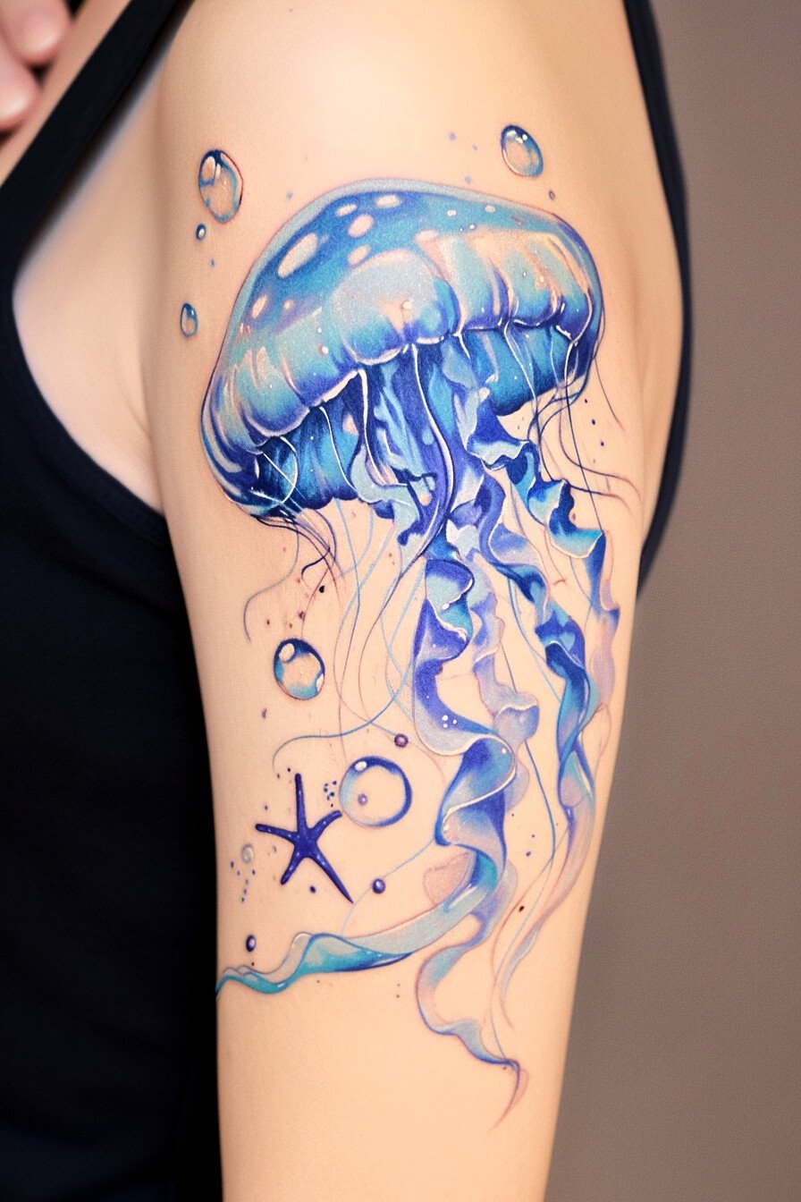 Arm - Jellyfish Tattoo Design Idea 34 (Shoulder - Blue - Bubbles, Starfish)