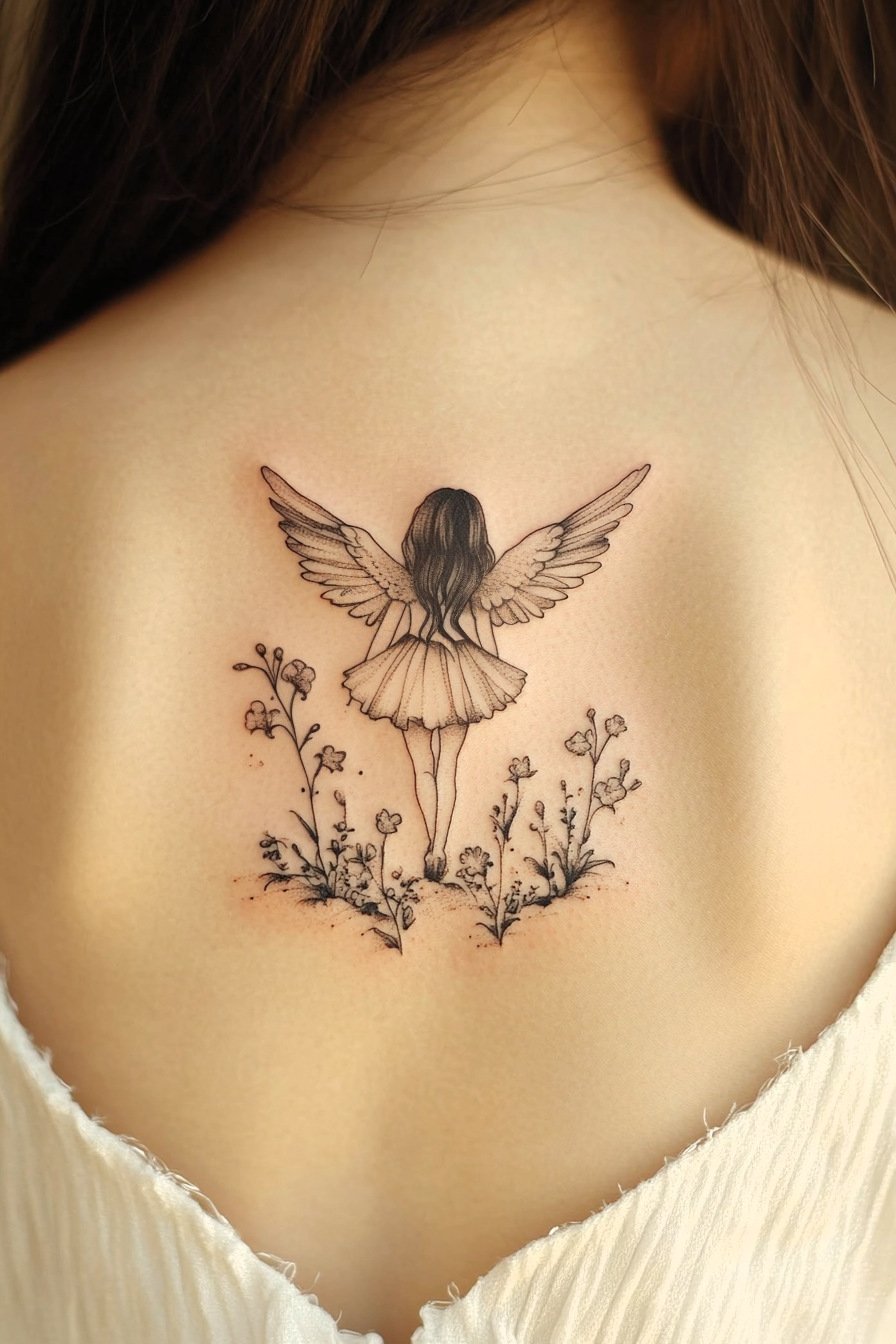 Back Body - Angel Tattoo Design Idea For Women 10 (Back - Flowers)