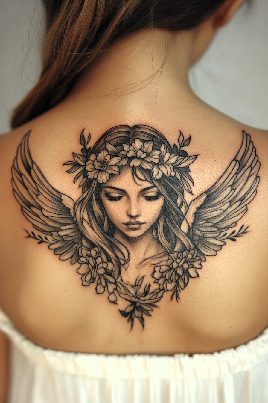 Back Body - Angel Tattoo Design Idea For Women 13 (Upper Back - Flowers)