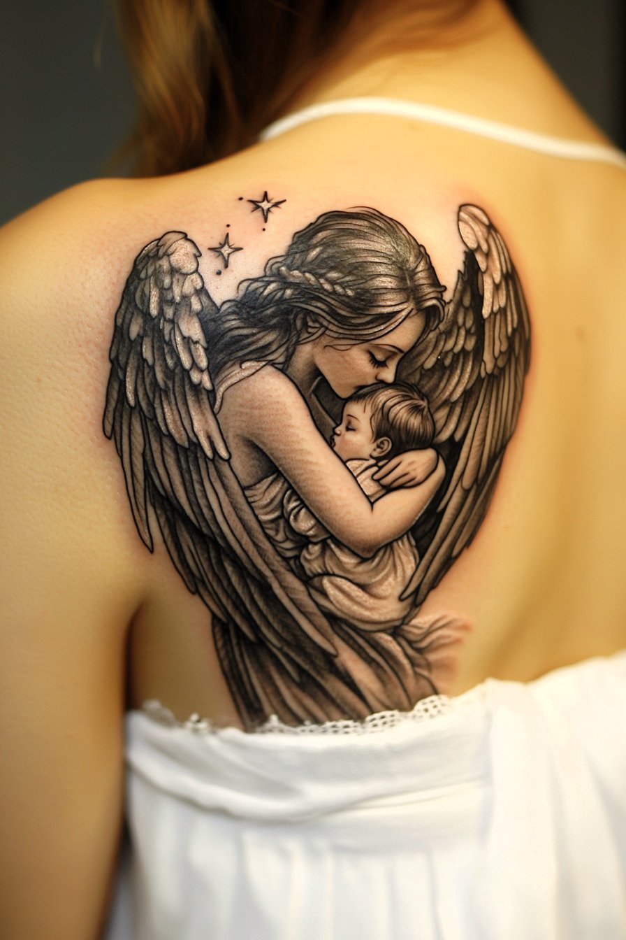 Back Body - Angel Tattoo Design Idea For Women 19 (Back - Angel & Baby)