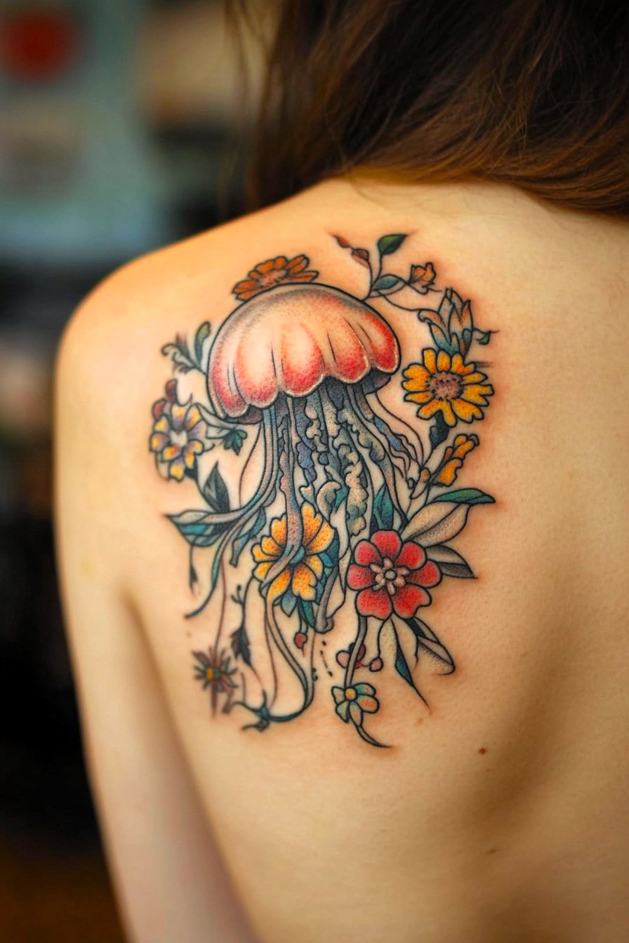 Back Body - Jellyfish Tattoo Design Idea 1 (Back Shoulder - Flowers)