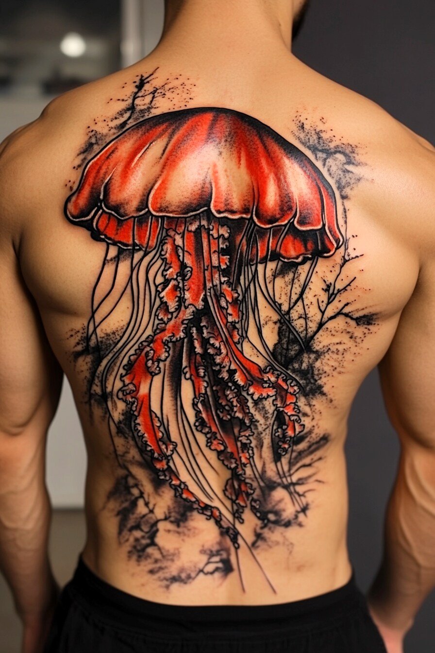 Back Body - Jellyfish Tattoo Design Idea 3 (Back - Red - Flowers)