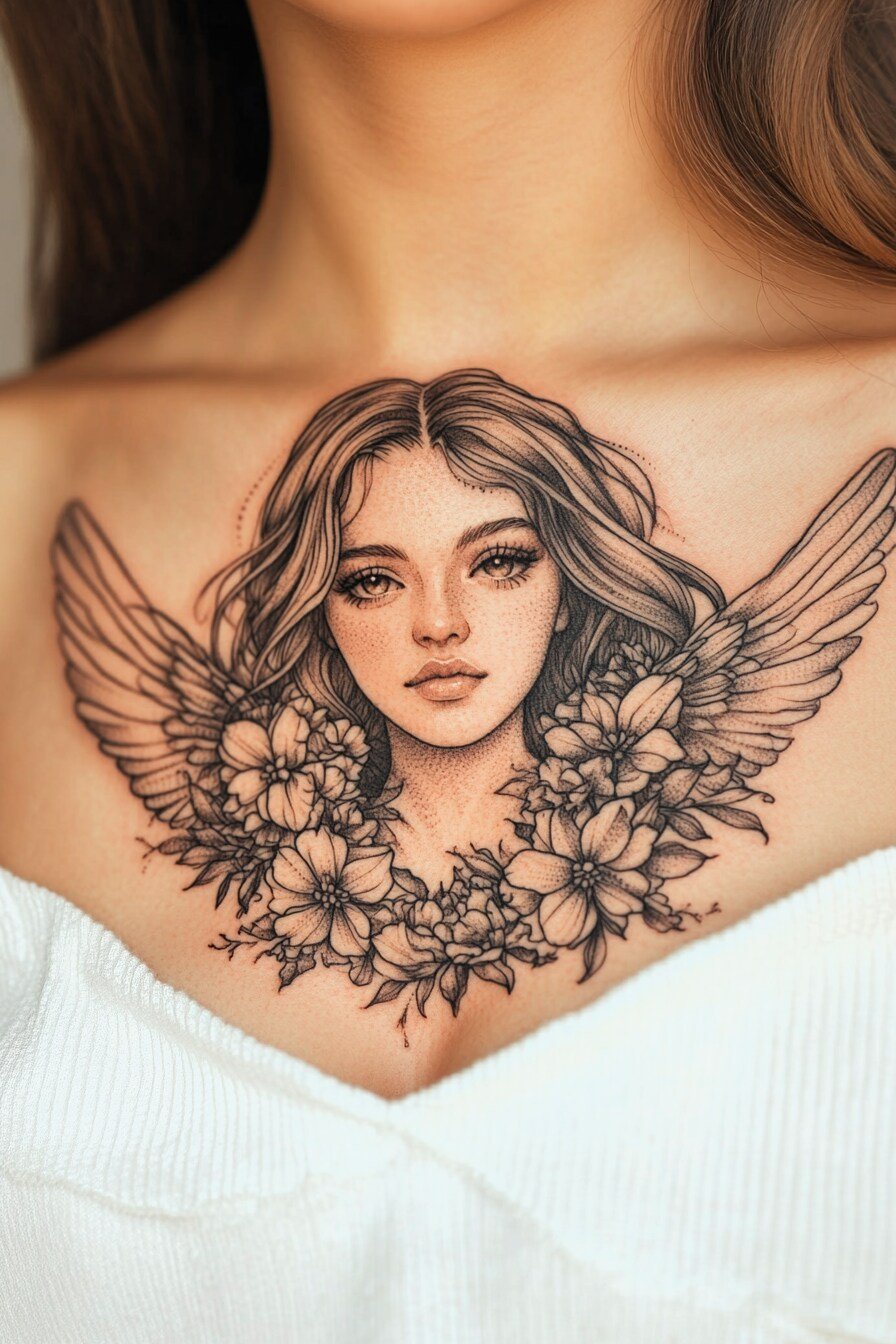 Front Body - Angel Tattoo Design Idea For Women 11 (Chest - Flowers)