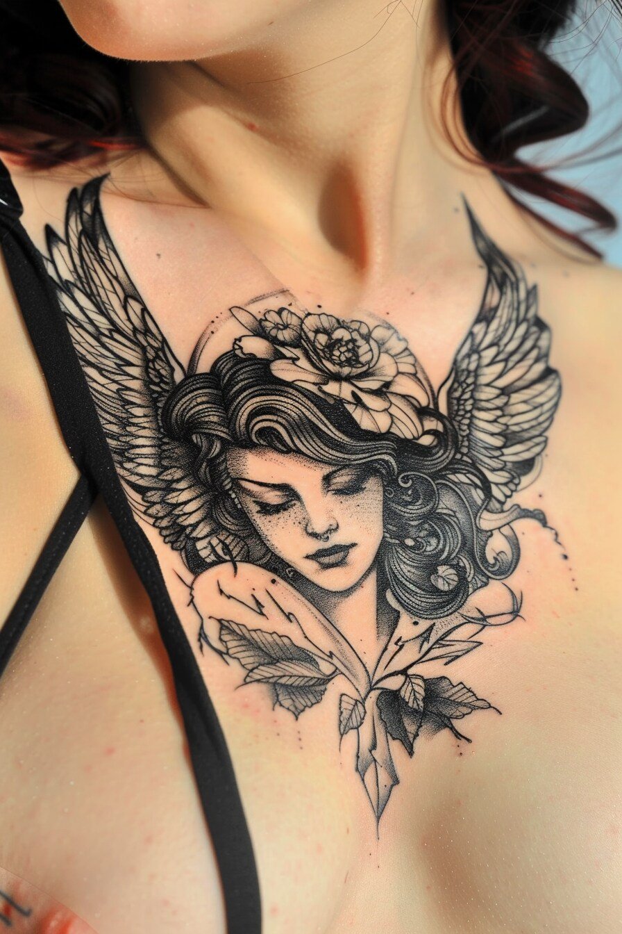 Front Body - Angel Tattoo Design Idea For Women 2 (Chest - Flowers)