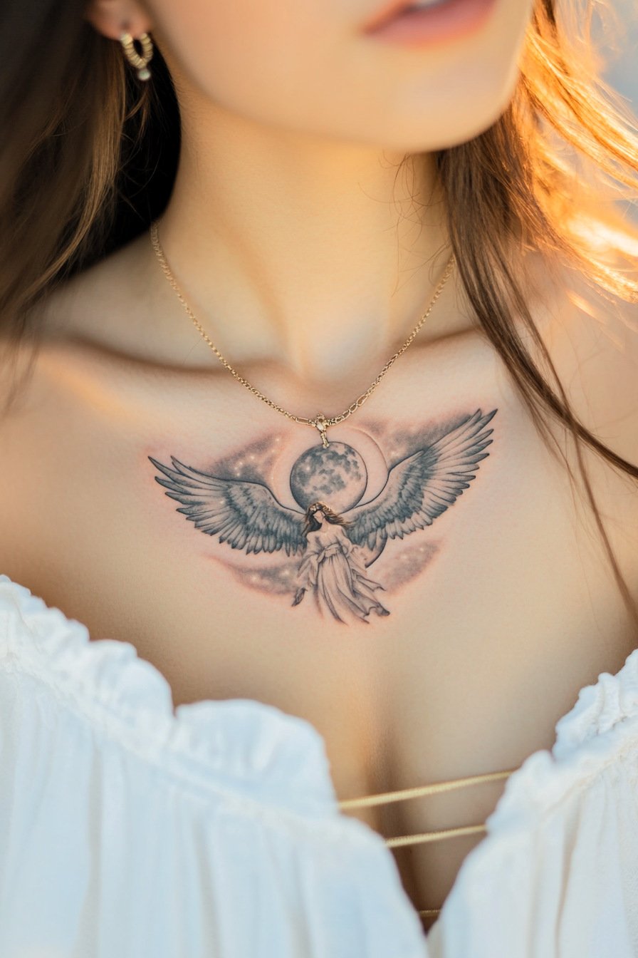 Front Body - Angel Tattoo Design Idea For Women 4 (Chest - Moon)