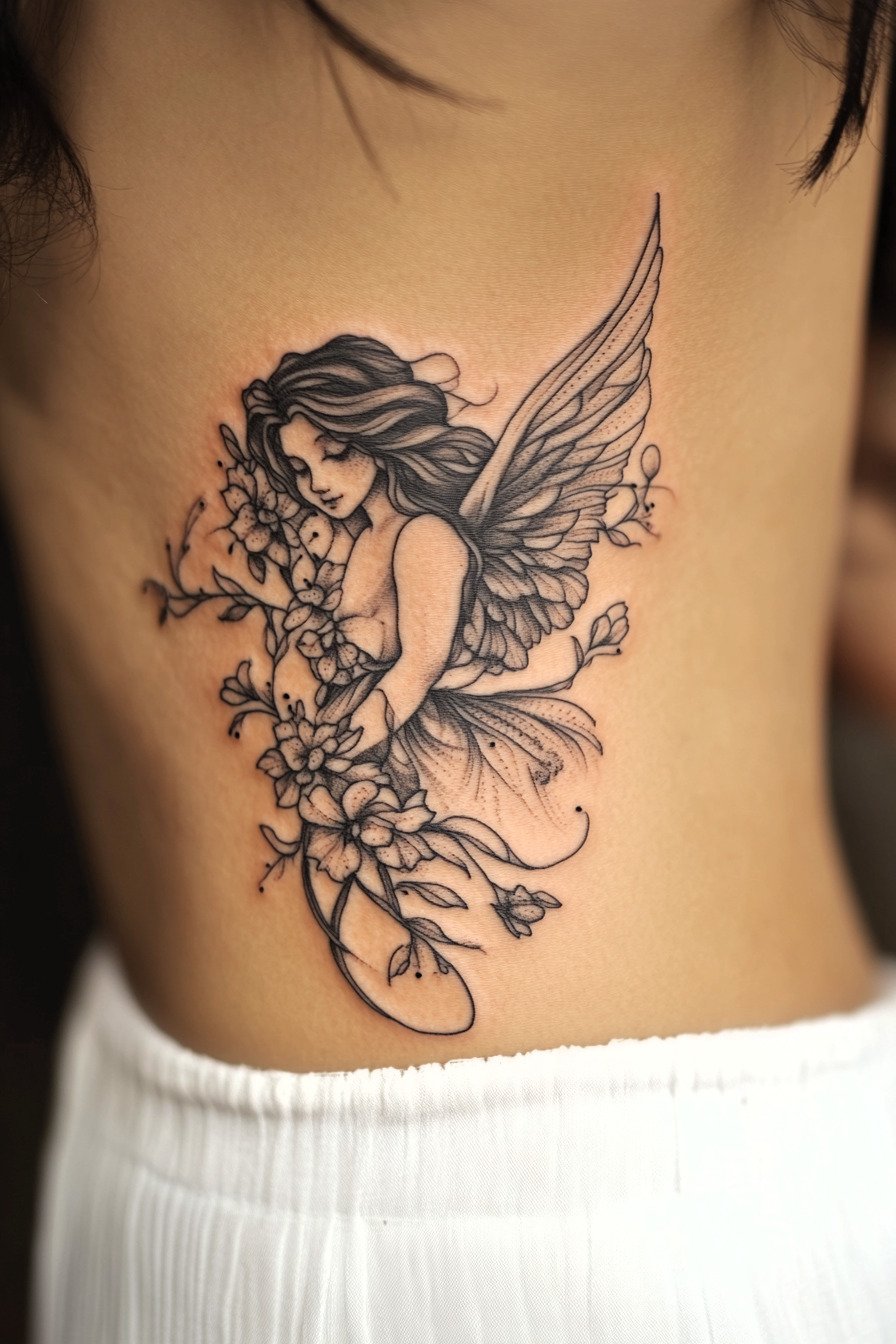 Front Body - Angel Tattoo Design Idea For Women 5 (Ribs - Flowers)