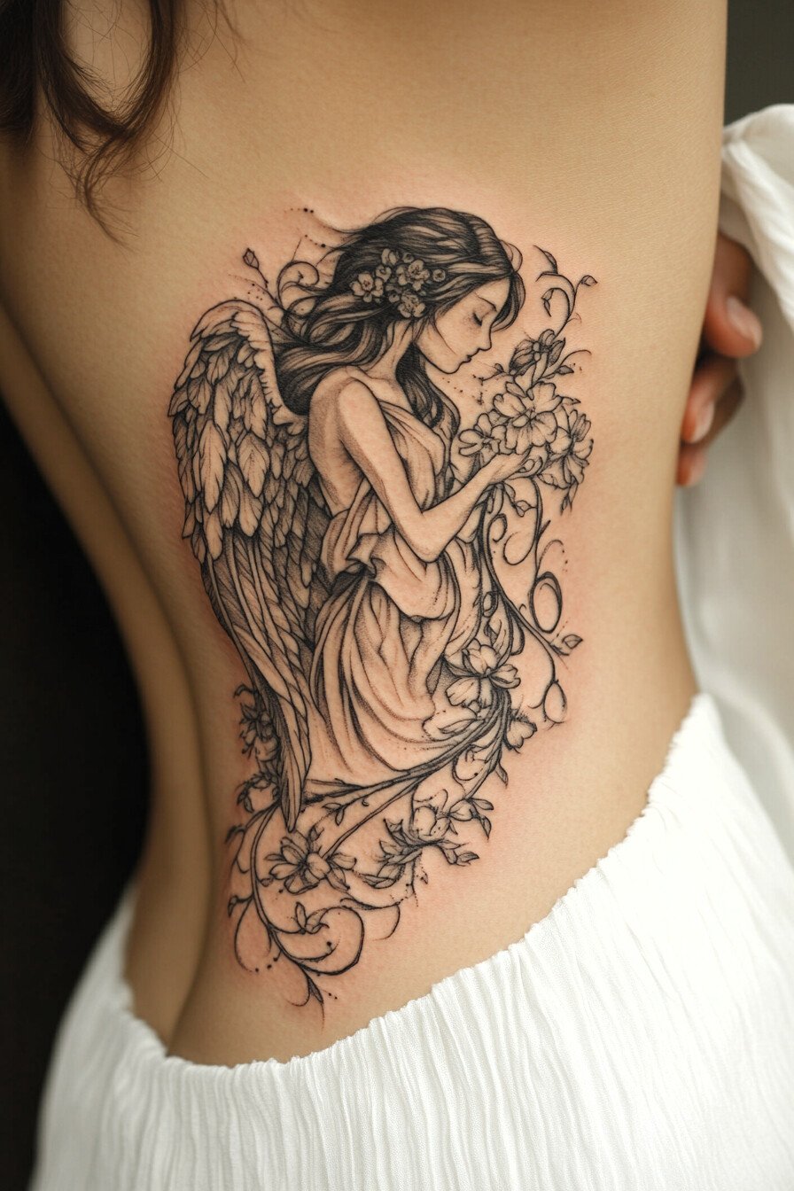 Front Body - Angel Tattoo Design Idea For Women 6 (Ribs - Flowers)