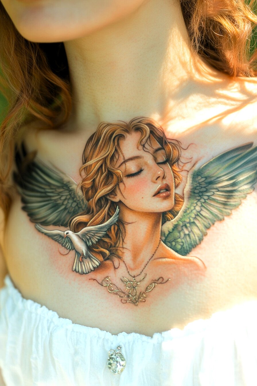 Front Body - Angel Tattoo Design Idea For Women 7 (Chest - Dove)