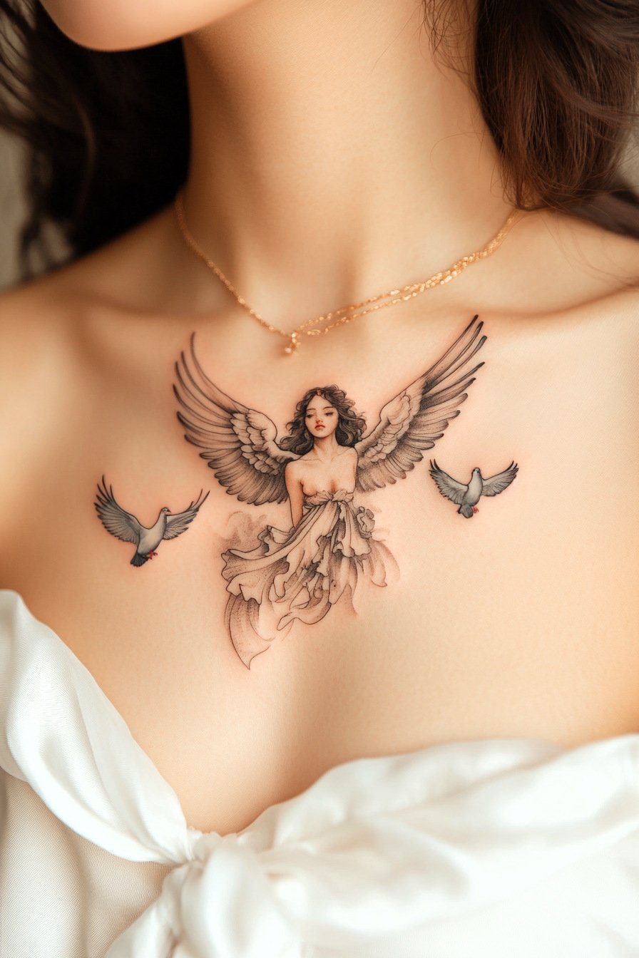 Front Body - Angel Tattoo Design Idea For Women 8 (Chest - Dove)