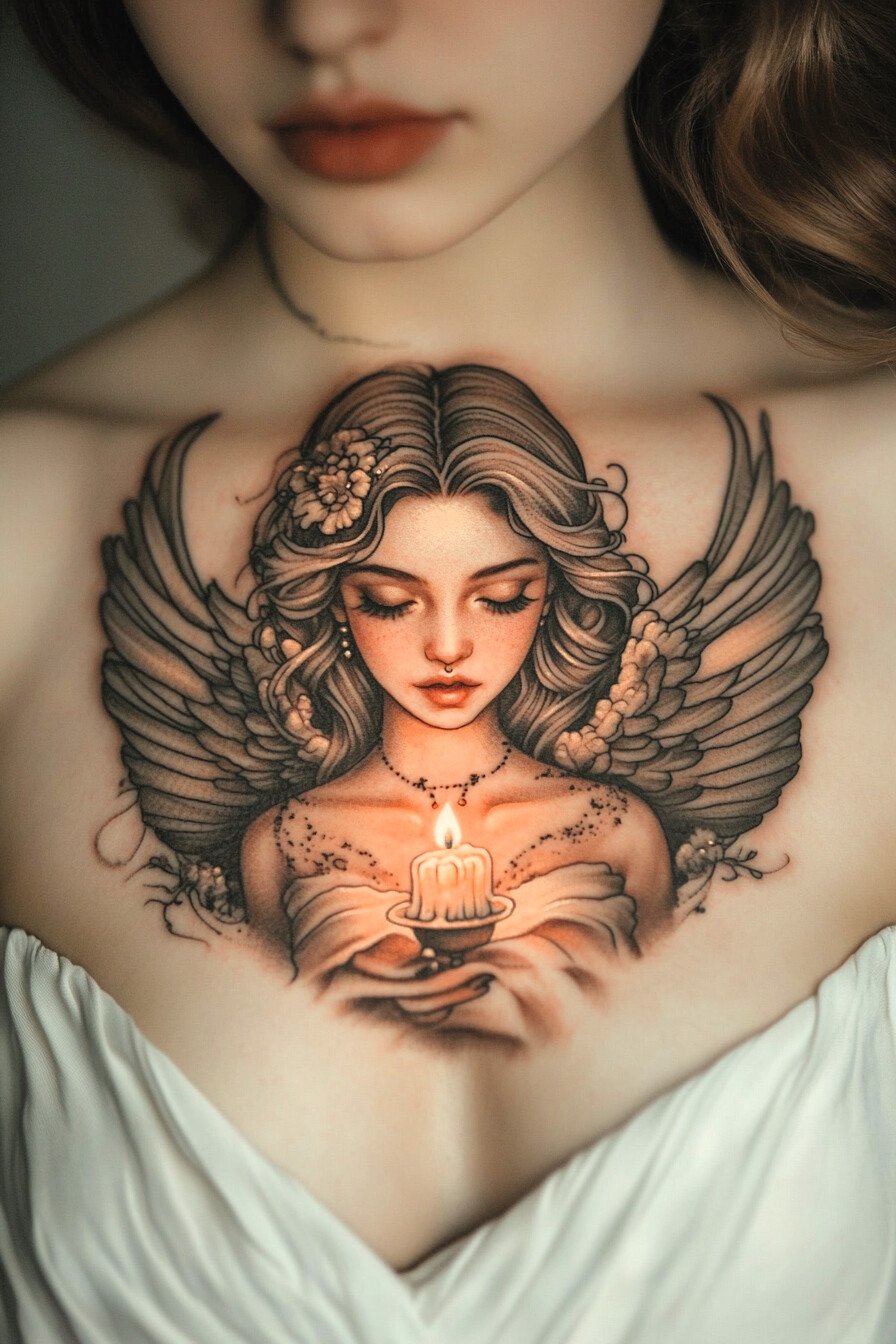 Front Body - Angel Tattoo Design Idea For Women 9 (Chest - Candle)