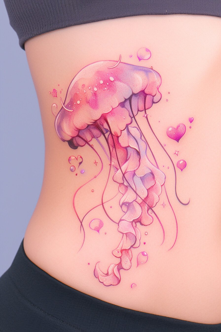 Front Body - Jellyfish Tattoo Design Idea 13 (Ribs - Hearts)