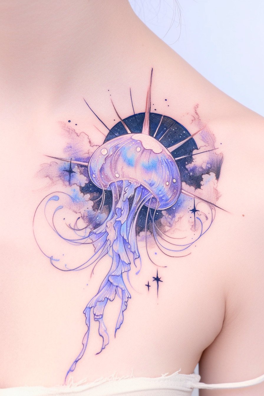 Front Body - Jellyfish Tattoo Design Idea 2 (Collarbone - Clouds & Stars)