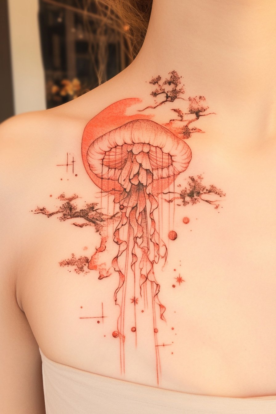 Front Body - Jellyfish Tattoo Design Idea 3 (Collarbone - Red)