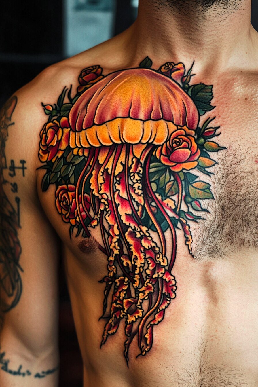 Front Body - Jellyfish Tattoo Design Idea 5 (Chest - Rose - Traditional, Old School)