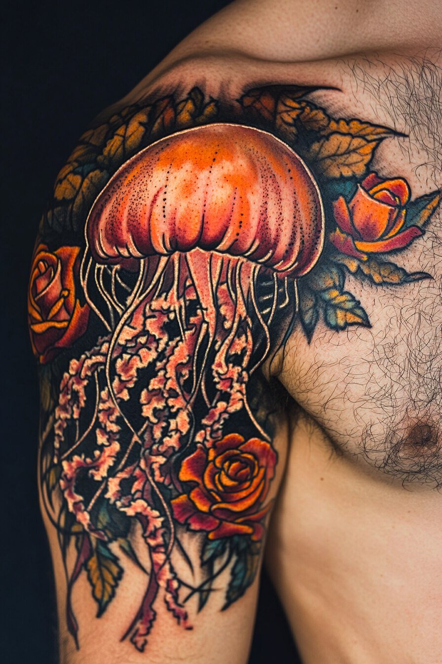 Front Body - Jellyfish Tattoo Design Idea 6 (Shoulder & Chest - Rose - Traditional, Old School)