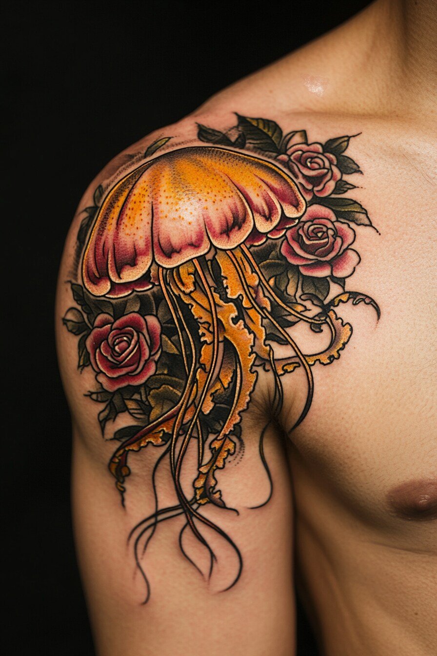 Front Body - Jellyfish Tattoo Design Idea 7 (Shoulder & Chest - Rose - Traditional, Old School)