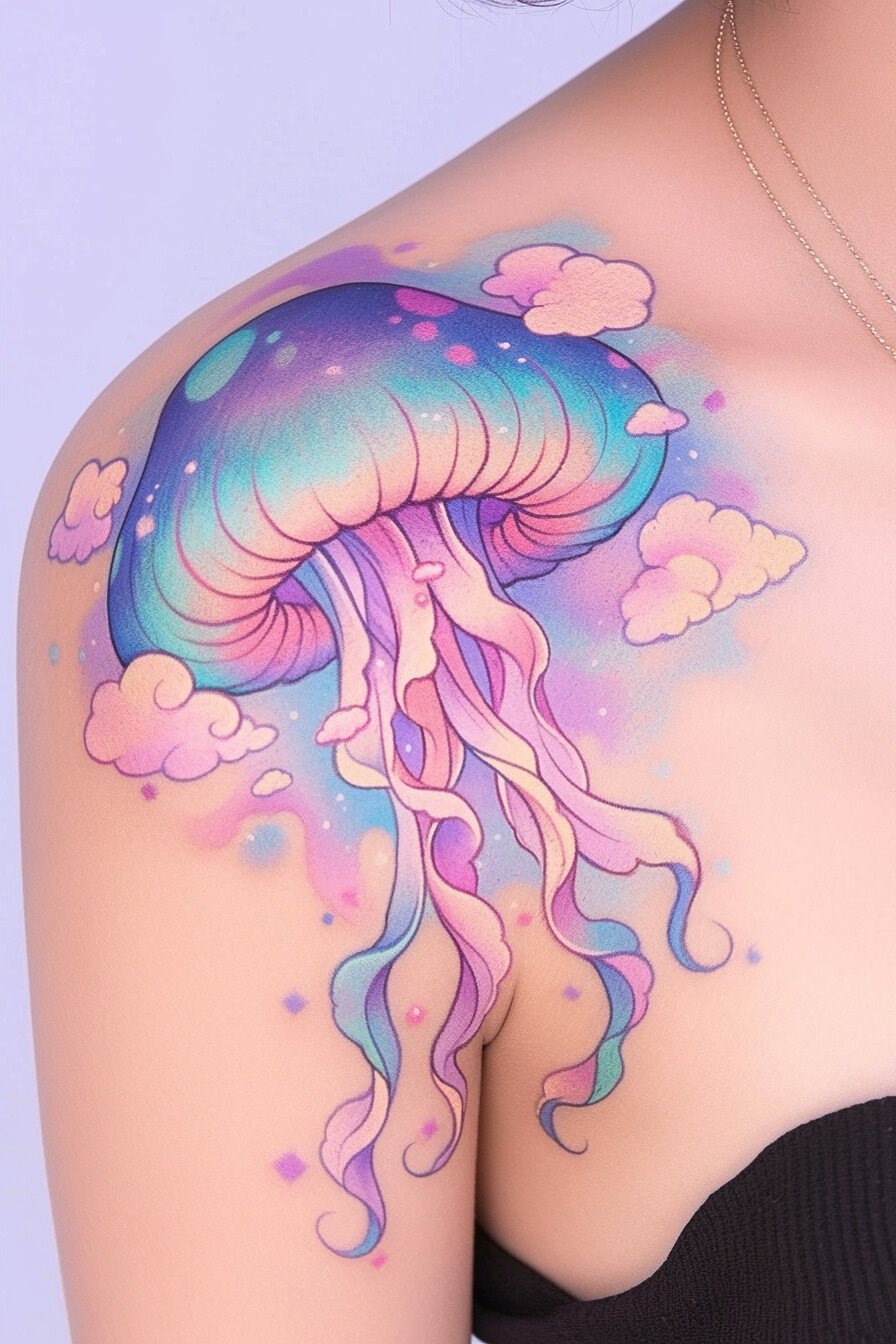 Front Body - Jellyfish Tattoo Design Idea 8 (Shoulder & Chest - Clouds)