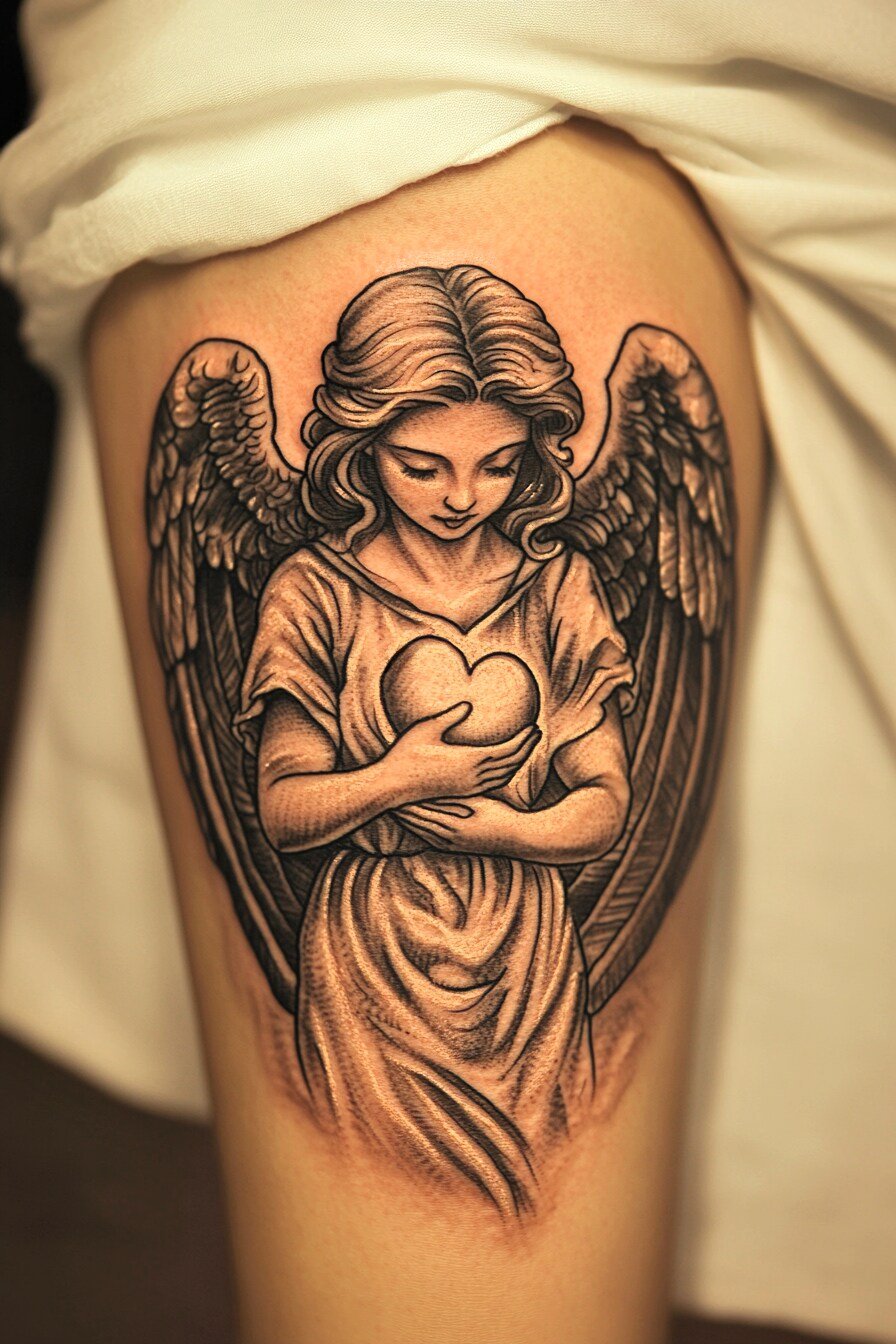 Lower Body - Angel Tattoo Design Idea For Women 1 (Thigh - Heart)