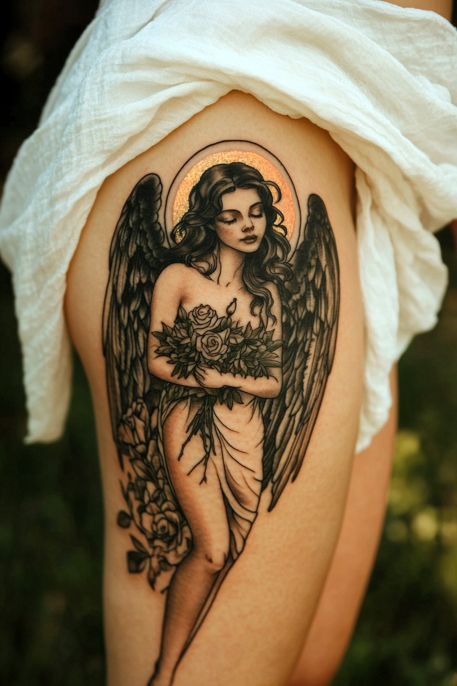 Lower Body - Angel Tattoo Design Idea For Women 2 (Thigh)