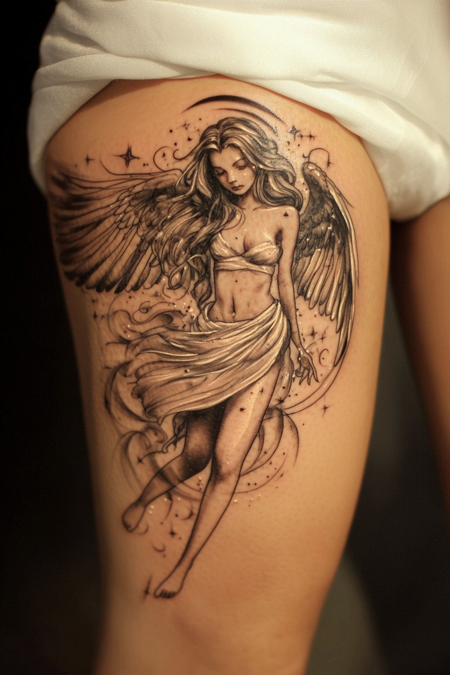 Lower Body - Angel Tattoo Design Idea For Women 3 (Thigh)