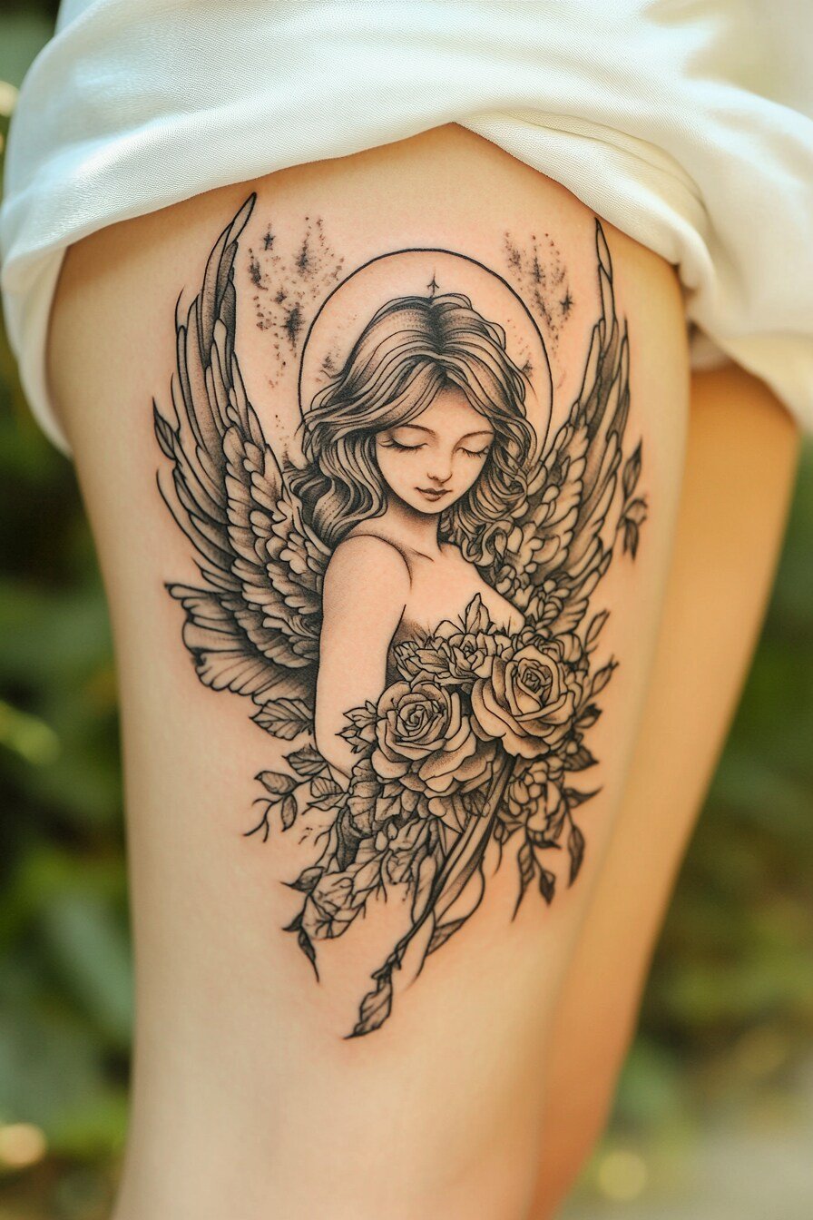 Lower Body - Angel Tattoo Design Idea For Women 5 (Thigh - Flowers)