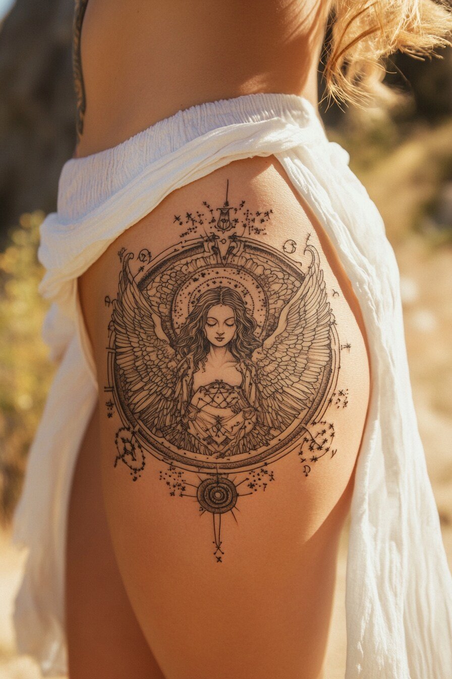 Lower Body - Angel Tattoo Design Idea For Women 6 (Hip & Upper Thigh)