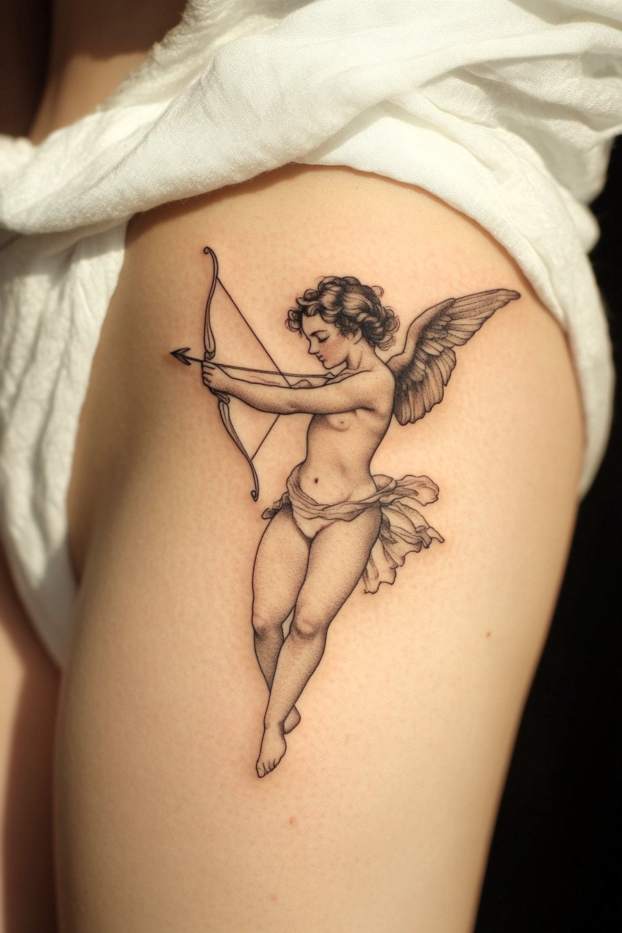 Lower Body - Angel Tattoo Design Idea For Women 7 (Hip & Upper Thigh - Cupid)