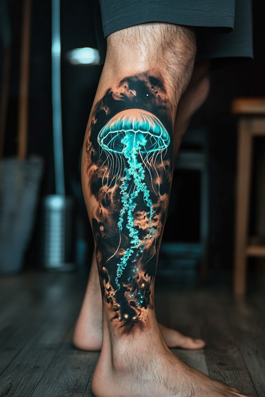 Lower Body - Jellyfish Tattoo Design Idea 8 (Calf - Turquoise)